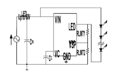 CXLE8948 is used to drive a LED string (≤50V)and remove the 100/120Hz current ripple on AC/DC power by a capacitor between VC and GND If the voltage on LED pin exceeds 6V