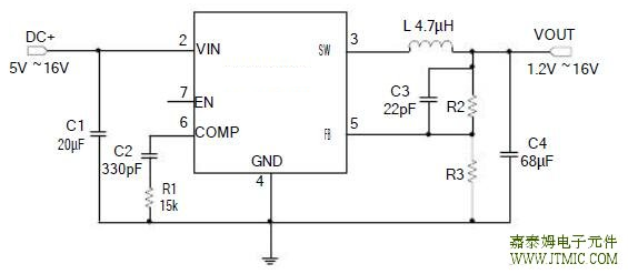 2A输出电流5V至16V工作输入降压开关模式转换器CXSD6107A输出可从1.2V调整到16V效率高达92%低ESR输出