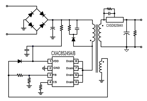 CXAC85245A CXAC85245B高性能的一次侧调节PSR电源开关高精度的CV/CC控制多模式控制调幅AM模式和调频FM模式的混合集成650V MOSFET负载CC补偿的PFM控制