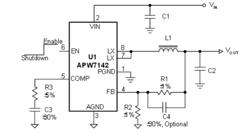 The APW7142 is a 3A synchronous-rectified Buck con-  verter with integrated 70m Ω power MOSFETs. The  APW7142, designed with a current-mode control scheme,  can convert wide input voltage of 4.3V to 1